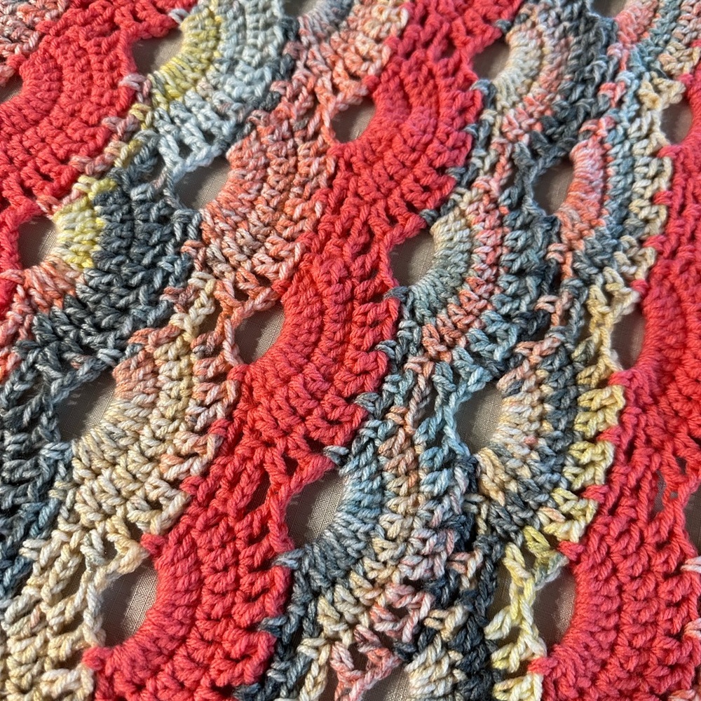 Handmade Crochet Throw Blanket in Coral, Gray & Cream